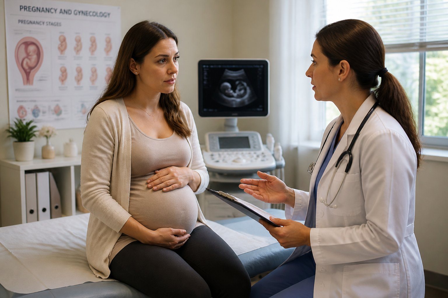 Mulher grávida sentada em uma sala de consulta médica, segurando a barriga, enquanto uma profissional de saúde fala com ela.