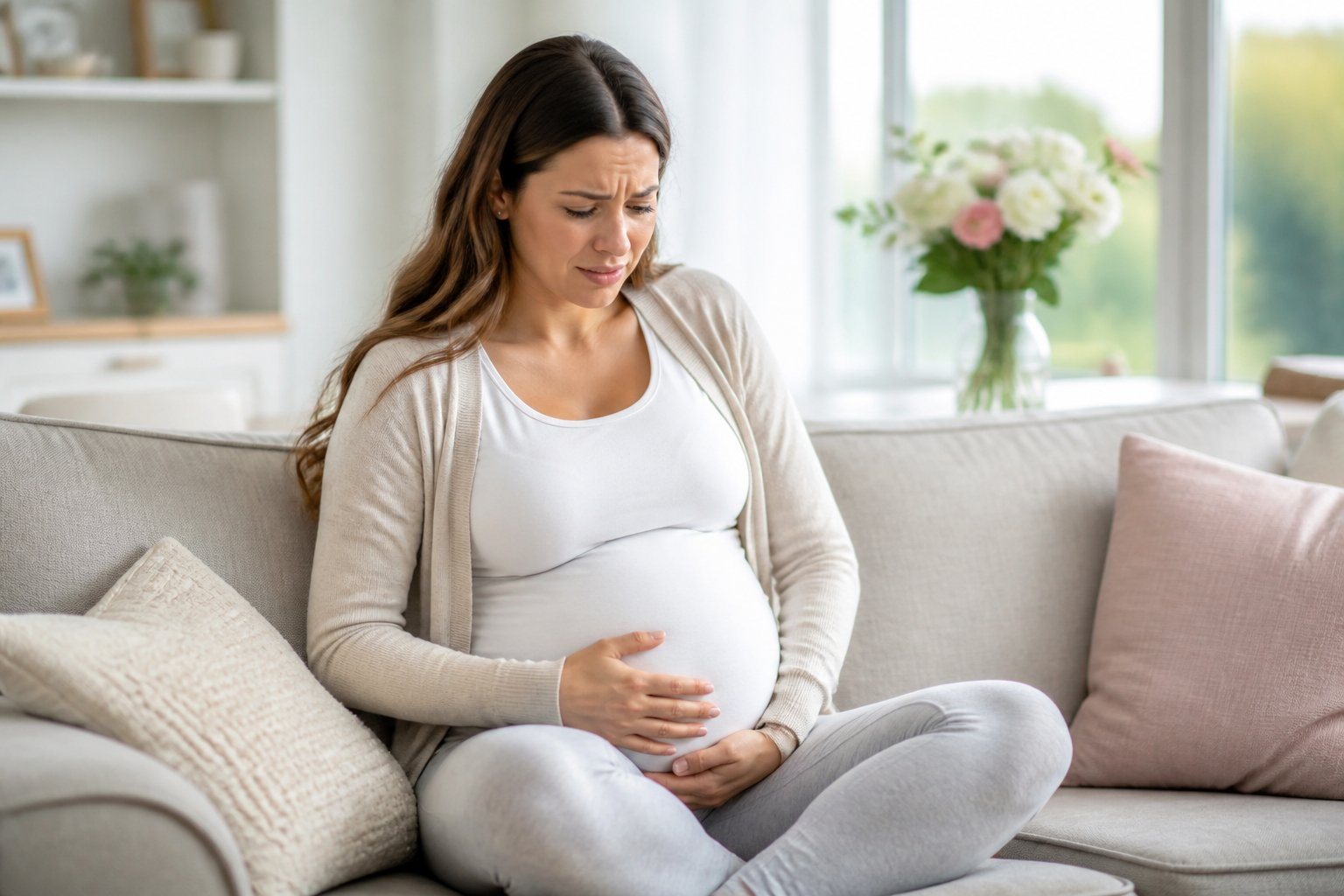 Mulher grávida sentada no sofá, segurando a região pélvica com expressão de desconforto leve.