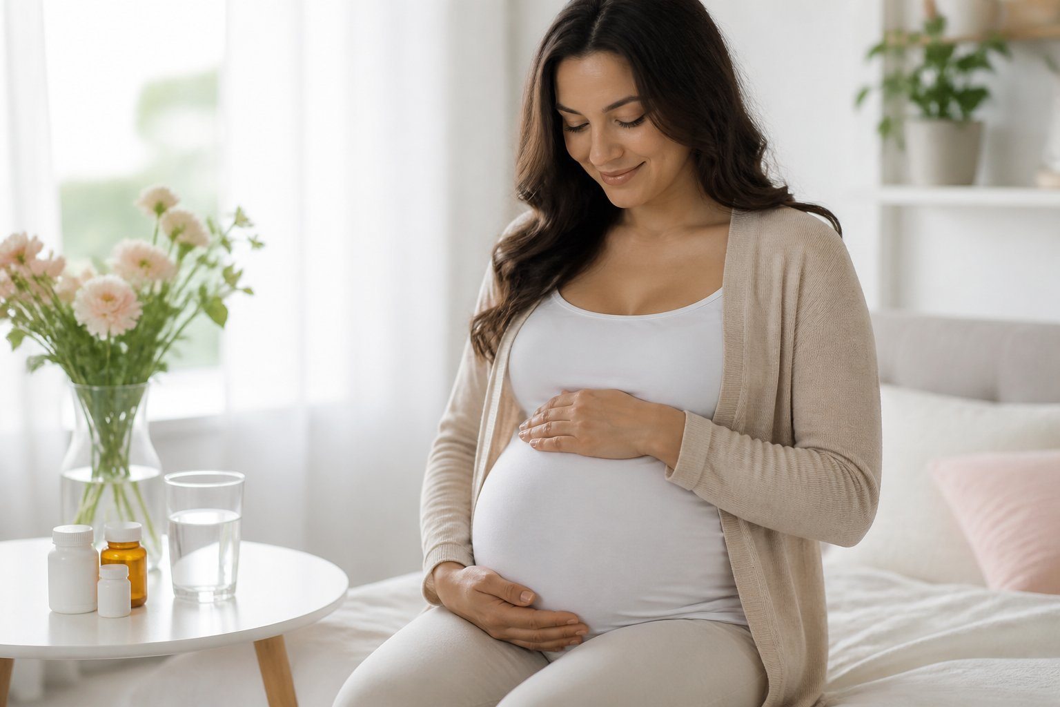 Mulher grávida tocando suavemente a barriga em um ambiente claro e tranquilo, transmitindo cuidado e serenidade na gravidez.