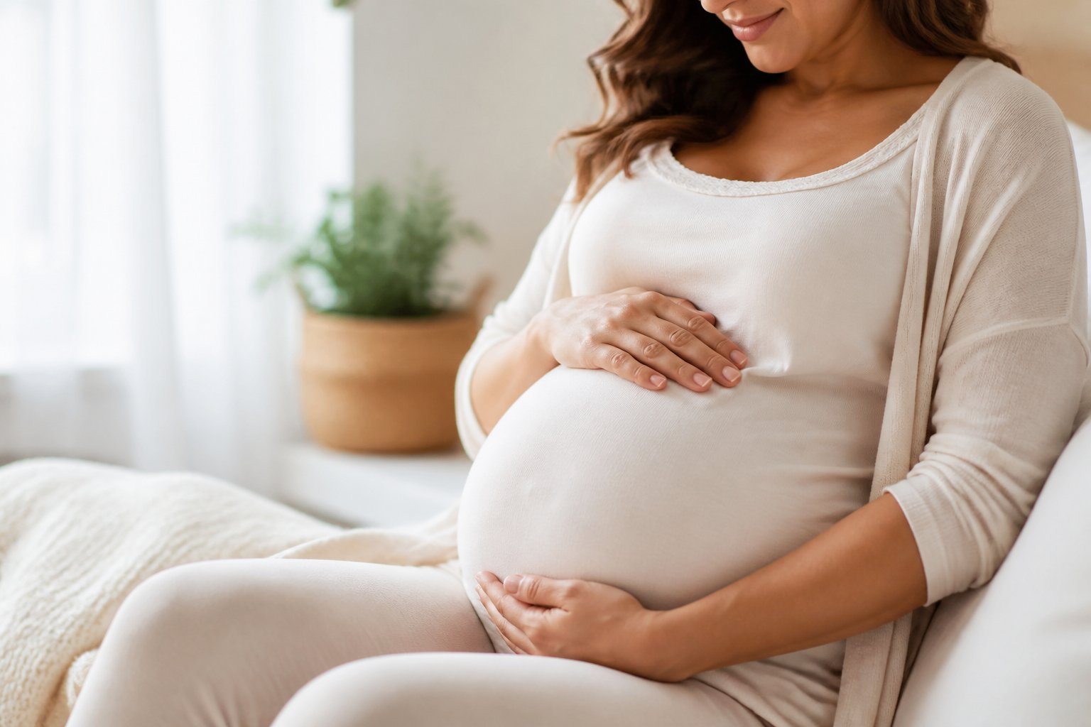 Mulher grávida segurando suavemente a barriga em um ambiente interno tranquilo e iluminado.