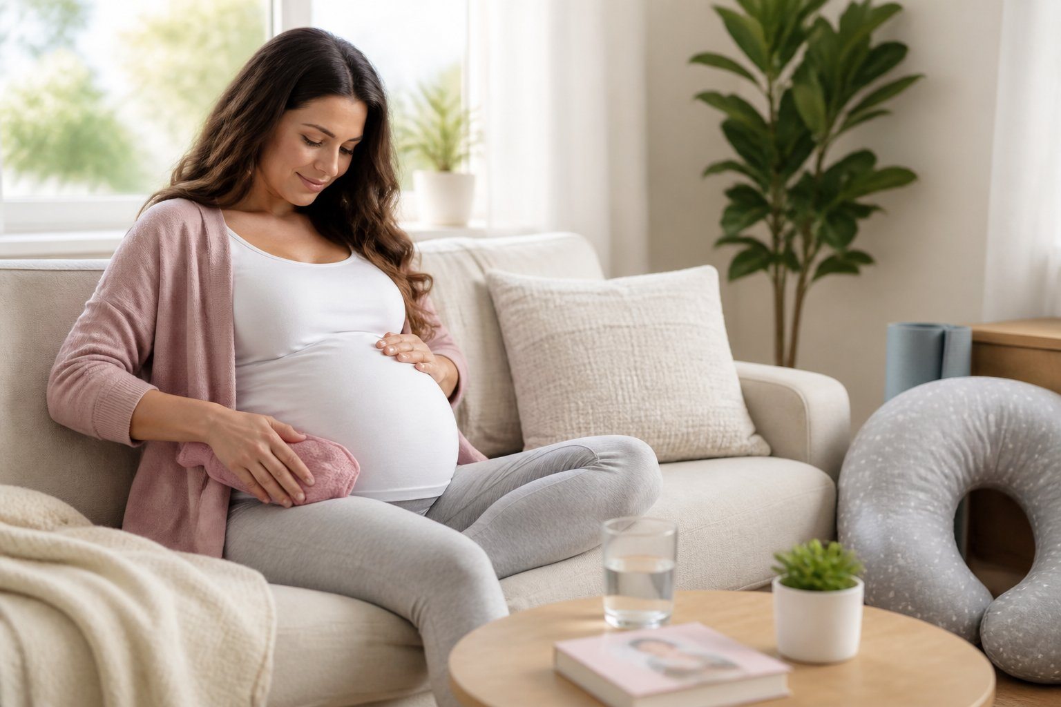 Mulher grávida sentada confortavelmente em um sofá, cuidando da barriga com as mãos, em uma sala iluminada e acolhedora.