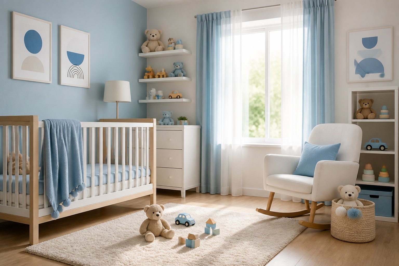 Quarto de bebê masculino iluminado, com berço, brinquedos e decoração aconchegante.