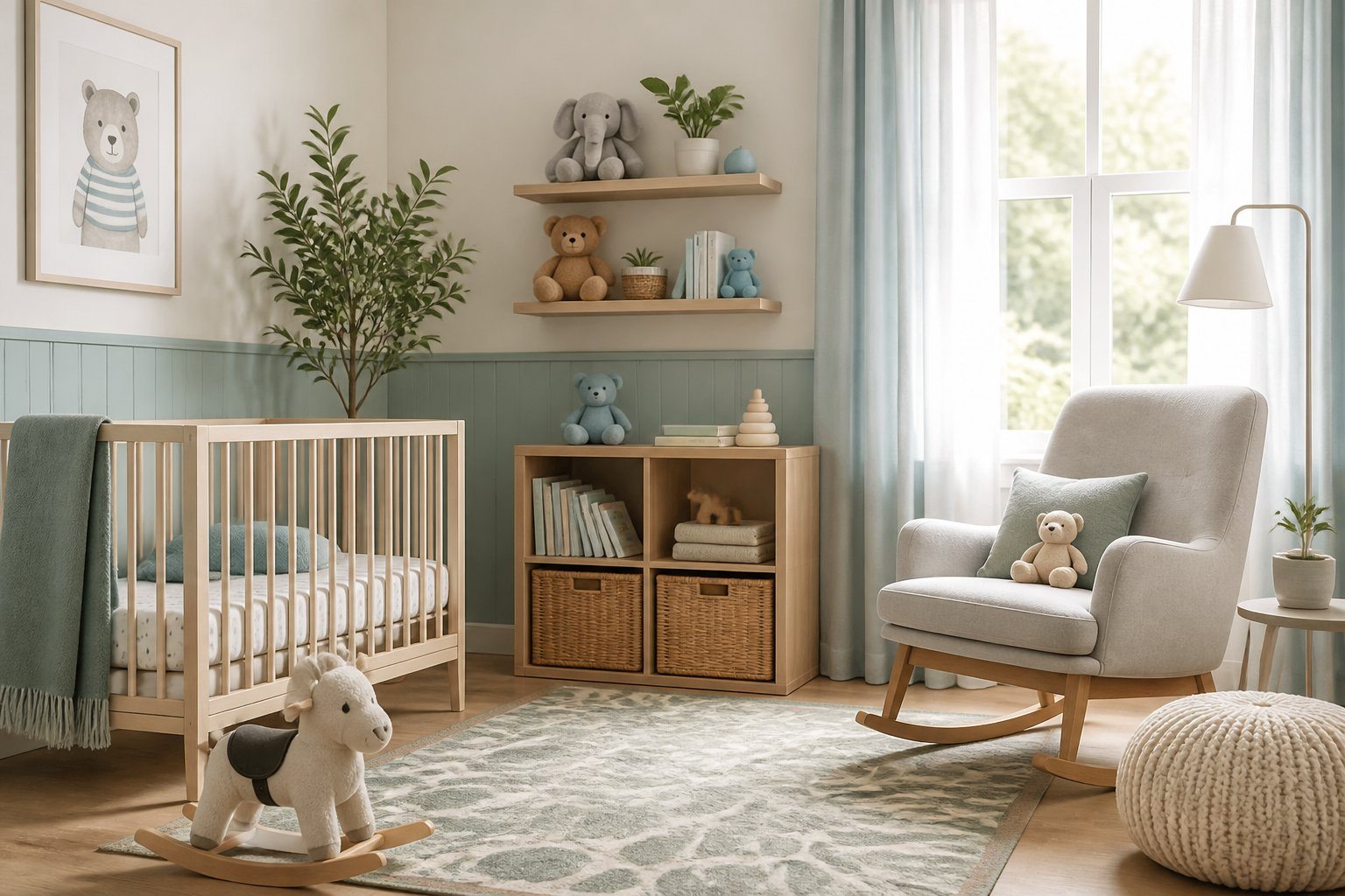 Quarto de bebê masculino moderno e iluminado com berço, cadeira de balanço e prateleiras com brinquedos e livros.