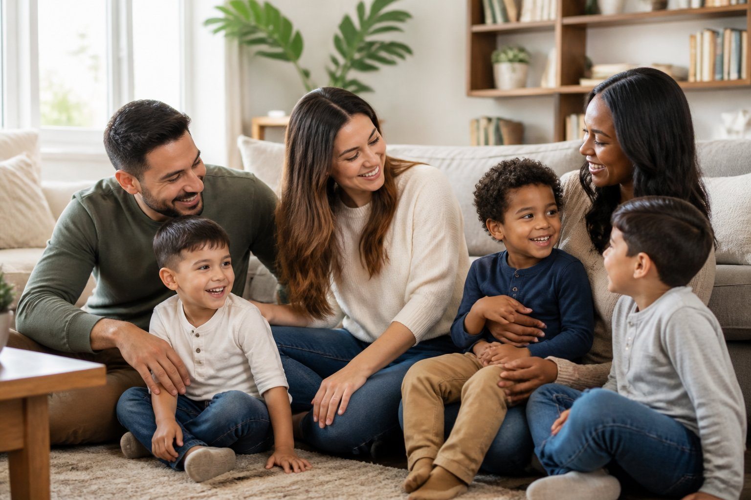 Famílias felizes com meninos pequenos interagindo em uma sala de estar moderna e iluminada.