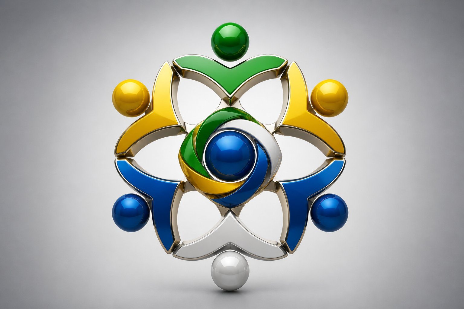 Emblema abstrato tridimensional representando a união de órgãos paraestatais brasileiros, com formas geométricas interligadas e cores inspiradas na bandeira do Brasil.
