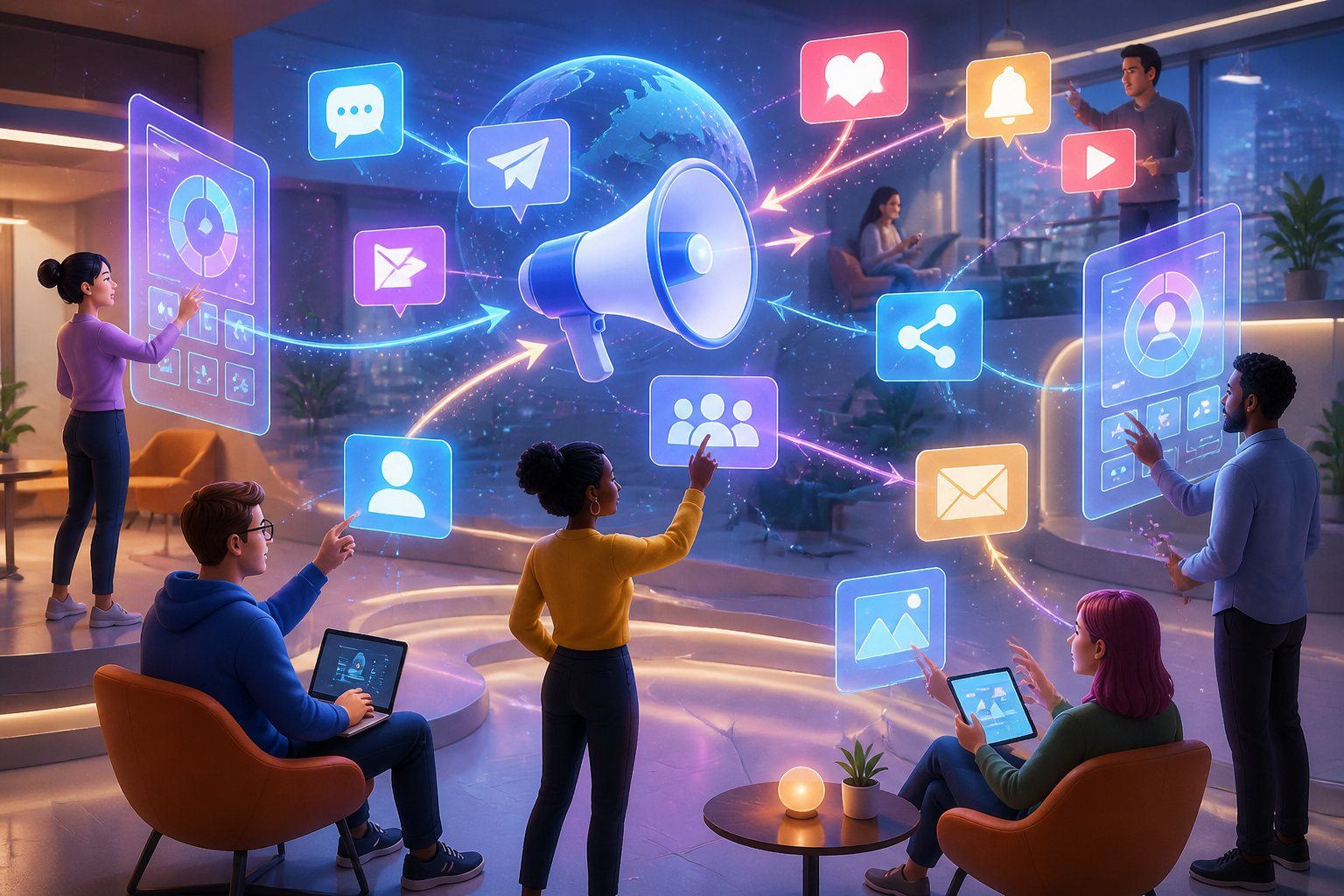 Pessoas interagindo com telas digitais e hologramas que mostram ícones de mensagens e informações em um ambiente moderno e iluminado.