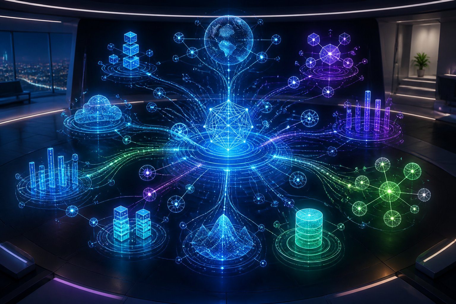 Visão ampla e detalhada de uma interface digital futurista com gráficos e conexões representando um assunto complexo.