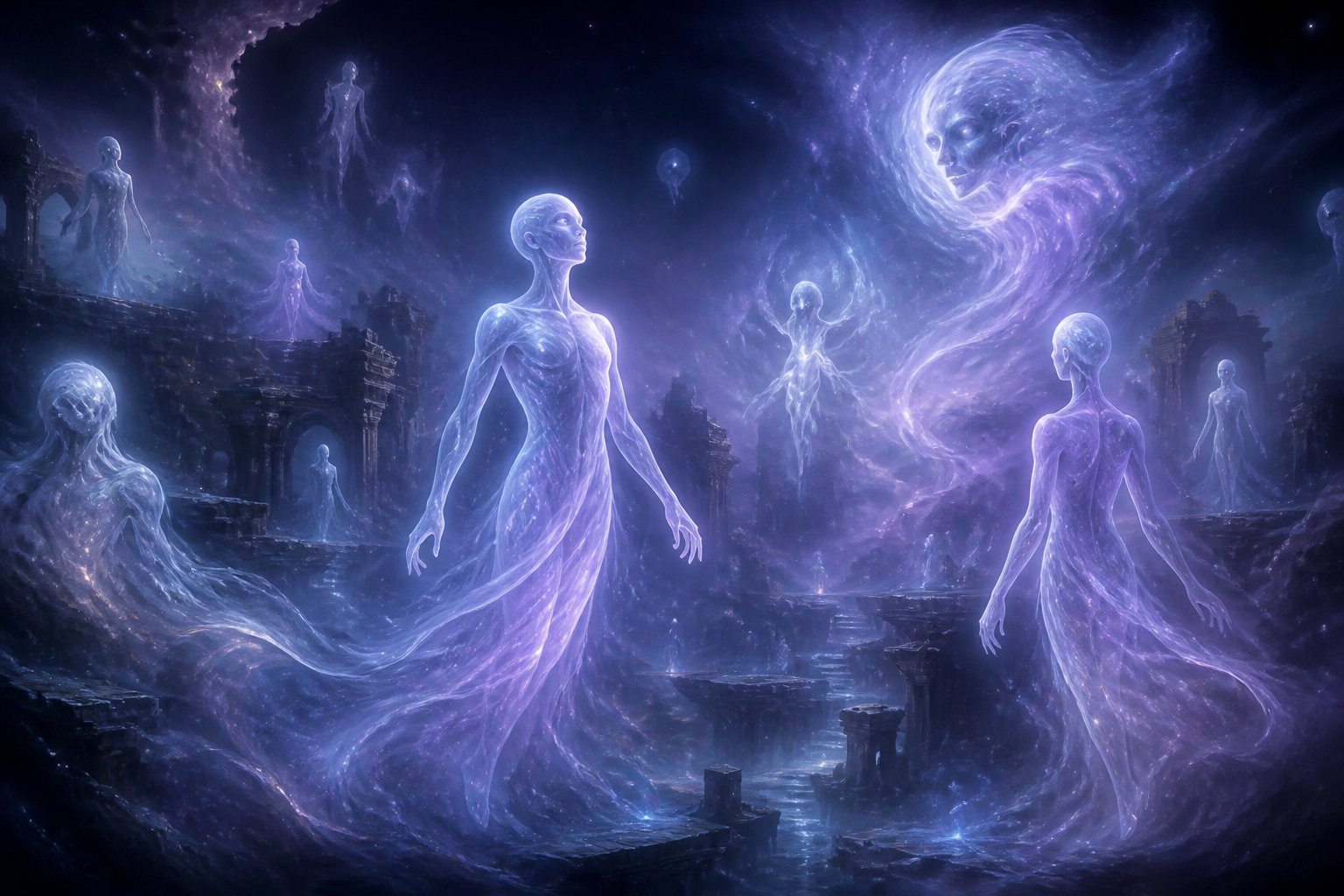 Seres etéreos translúcidos e brilhantes que vivem no além, em um ambiente nebuloso e escuro com luz suave emanando deles.